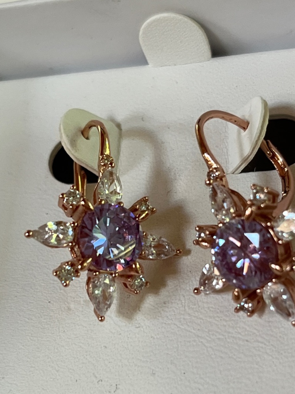 Rose Gold plated Floral Earrings with Lavender CZ Crystal Center - Picture 10 of 10